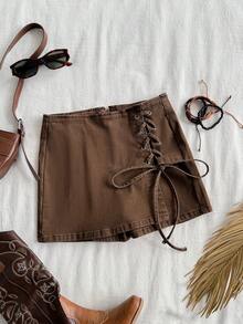 Soleia 女士系带设计时尚百搭约会外出牛仔短裙 - 棕色 - 查看 4