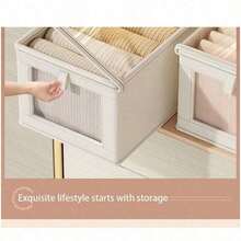 Large Storage Basket | Sturdy Fabric Wardrobe Storage Box With Transparent Window For Organization | Foldable Home Storage With Lid, Beige, Grey - Multicolor - View 7