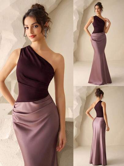 Coutiva Elegante vestido de dama de honor de sirena con bloque de color de un solo hombro
