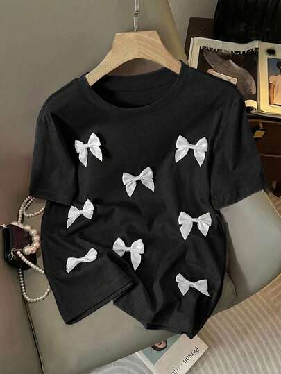 Franclia Camiseta de manga corta con cuello redondo y lazo 3D en forma de H casual para mujer, de verano