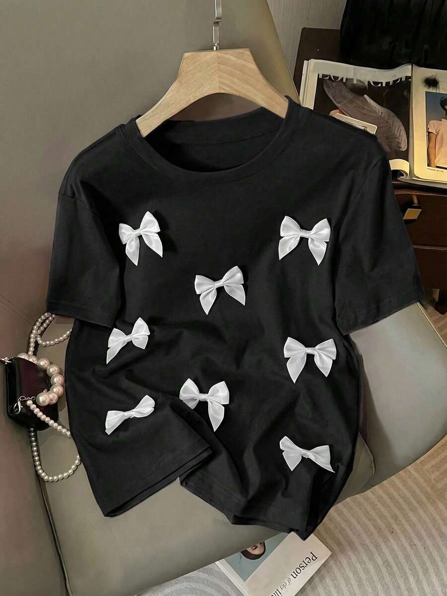 Franclia 女士休闲H型圆领3D蝴蝶结短袖T恤，夏季 - 黑色 - 查看 1