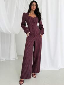 Firerie 女士优雅简约时尚通勤都市新款复古甜心领条纹腰部衬衫上衣和高腰阔腿裤两件套，酒红色 - 酒紅色 - 查看 3