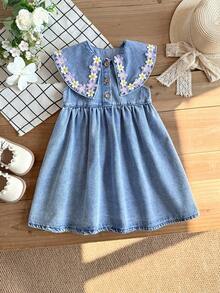 LMoss Kids Young Girl' Floral Trim Collar Blue Denim Sleeveless Loose Dress - Light Wash - View 5