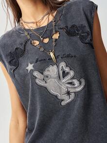 Bohemela 女士夏季Y2K休闲波西米亚度假乡村风西部音乐节复古针织水洗做旧趣味猫咪镂空刺绣图案宽肩宽松短袖T恤，夏季外出上衣，假日 - 黑色 - 查看 6