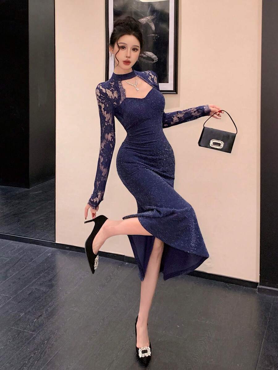 Joudiya 春夏蓝色亮片镂空网纱蕾丝拼接性感音乐节情人节婚礼派对宴会礼服长袖修身鱼尾中长连衣裙 - 藏蓝色 - 查看 1