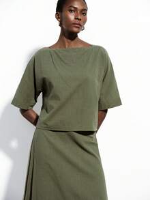 Aveloria Modichic Women's Two-Piece Set Faux Linen Textured Fabric Army Green,Summer,Casual,Occasion H-Line Straight Fit Loose Crop Top Boat Neck Retro Vacation Outfits - Green - View 5