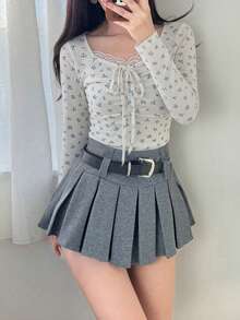 FRIFUL 女士碎花撞色蕾丝系带长袖休闲T恤 - 白色 - 查看 5