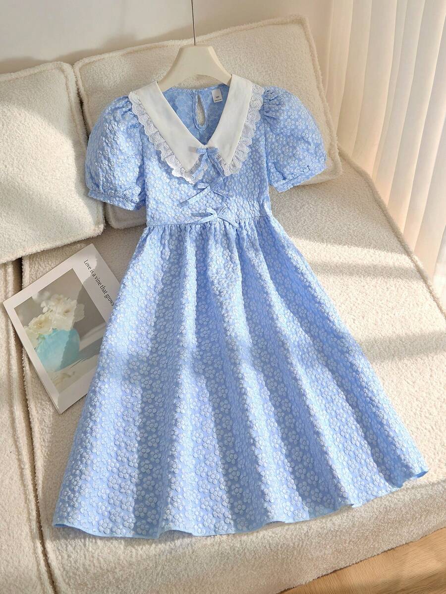 Girls' Elegant Floral Jacquard Petal Sleeve Dress With Bow Decor, Suitable For Daily, Casual, Holiday, Party - Baby Blue - View 1