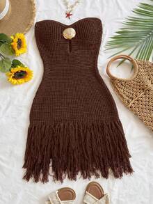 Soleia 女士度假针织纹理金属流苏迷你连衣裙，性感派对约会海滩度假夏季装扮，适合度假约会、下午茶、婚礼季、海滩游轮度假、城市自驾游度假、波西米亚风度假、音乐节等场合。 - 彩色 - 查看 3