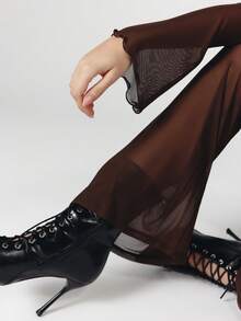 OverBlushhh 女士棕色透视网纱高腰喇叭裤，内置高腰内裤，性感透视，适合夜店、节日、舞蹈场合，搭配高跟鞋，弹力阔腿裤，春夏季 - 棕色 - 查看 8