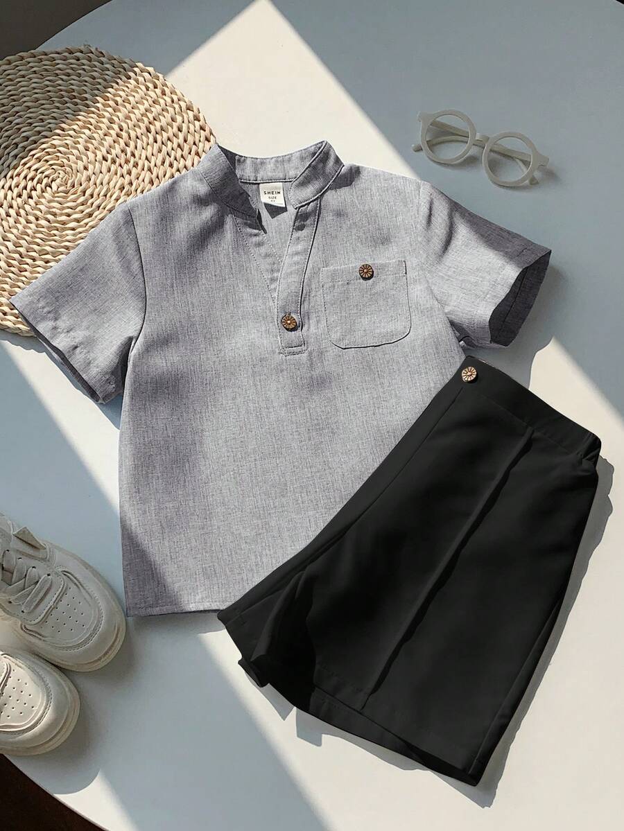 SHEIN LMoss Kids 儿童男童休闲V领短袖衬衫和短裤两件套
