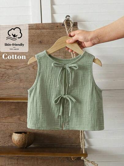 SHEIN Young Girl Casual Bow Details Loose Backless Tie Textured Fabric A-Line Tank Top Spring Summer