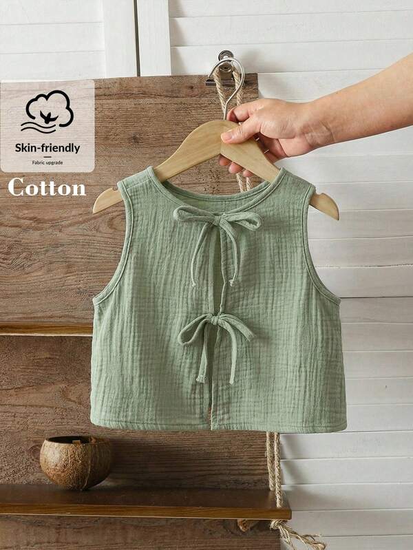 SHEIN Young Girl Casual Bow Details Loose Backless Tie Textured Fabric A-Line Tank Top Spring Summer