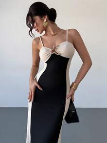 RiviMae Đầm ôm sát cơ thể thanh lịch, gợi cảm với dây đeo mảnh, điểm nhấn kim loại, chất liệu dệt kim, eo chun xếp ly, phối màu đen và mơ cho nữ, thích hợp cho mùa xuân/hè. - màu đen - Xem 6