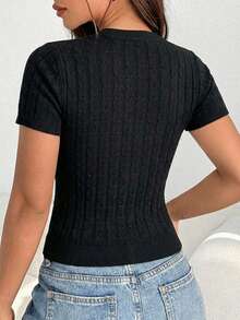 Top de punto para mujer, tejido acanalado con mangas cortas, diseño ajustado, cuello redondo, estilo casual y elegante, ideal para el colegio o looks de oficina, outfits urbanos y looks cómodos - Negro - Ver 2