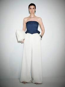 Lumivelle 女士春夏新款裹身式抹胸上衣，牛仔布质感面料，收腰设计，鱼骨纹理，优雅时尚的都市风上衣 - 寶藍色 - 查看 5