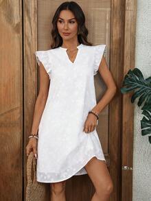SHEIN LUNE Vestido corto de mujer con escote en V y mangas cortas bordado - Blanco - Ver 7