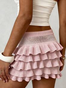 Selianne Elegant Frill Trim Tie-Up Women's Hollow Out Knit Skirt, Spring/Summer - Pink - View 2
