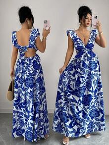 Elenzga 女士优雅无袖A字型蓝白碎花连衣裙，收腰设计，适合海滩、旅行、度假穿着 - 藍白色 - 查看 1