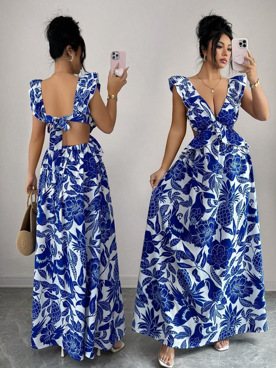 Elenzga 女士优雅无袖A字型蓝白碎花连衣裙，收腰设计，适合海滩、旅行、度假穿着 - 藍白色 - 查看 1