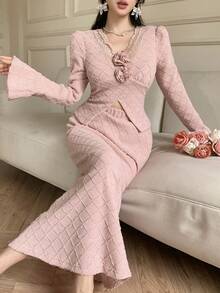 DAZY Bộ đồ 2 mảnh thanh lịch dành cho nữ, gồm áo và chân váy ren dệt họa tiết, tay áo cánh hoa, thích hợp cho mùa xuân/hè. - Hồng - Xem 3