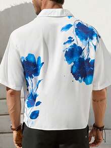 VIVINTIMO Chinese Style Blue & White Porcelain Flower Watercolor Pattern Men's Casual Short Sleeve Shirt With Full Print - White - View 2