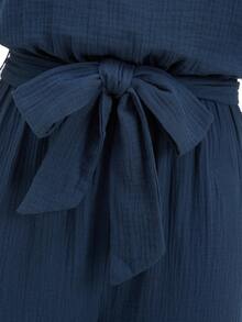 SHEIN Clasi Bộ jumpsuit dài nữ màu xanh dương thanh lịch, cổ tròn, hai lớp vải cotton nhăn, thắt eo, thích hợp cho kỳ nghỉ hè, hẹn hò, đi làm và du lịch. - Màu xanh lam - Xem 4