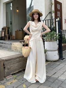 DAZY 2pcs Women Satin Crinkle Tie-Neck Blouse And Relaxed Pants Suit, Elegant Set Short Sets For Women Summer - Apricot - View 2