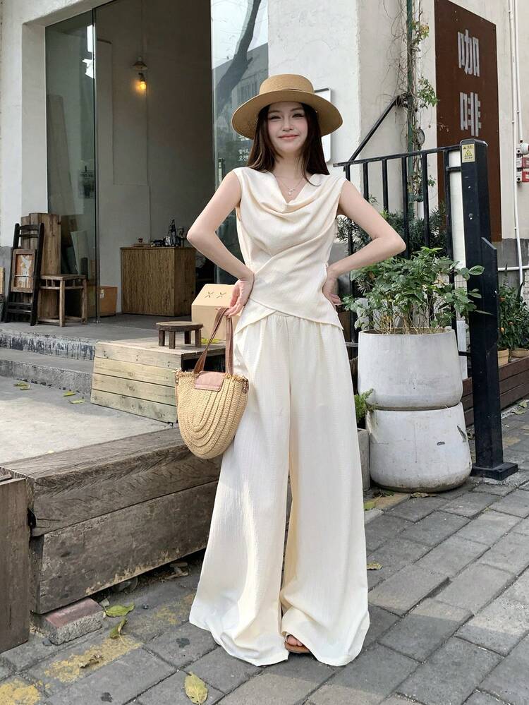 2pcs Women Satin Crinkle Tie-Neck Blouse And Relaxed Pants Suit, Elegant Set