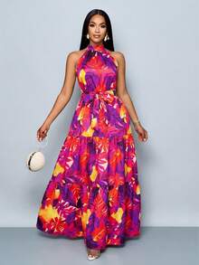 SOLERSUN Women's Fashionable Allover Print Halter Maxi Flowy Dress With Belt For Vacation (Random Floral) - Red Violet - View 5
