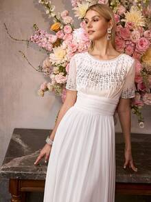 MOTF PREMIUM ELEGANT WHITE SHORT SLEEVE ROUND NECK MAXI PARTY GOWN FOR WOMEN, WITH RHINESTONE EMBELLISHMENTS ON CHEST & SHOULDERS, CHIFFON FABRIC DRESS FOR NEW YEAR, VALENTINE'S DAY, FORMAL PARTIES, GALAS & CELEBRATIONS - White - View 8