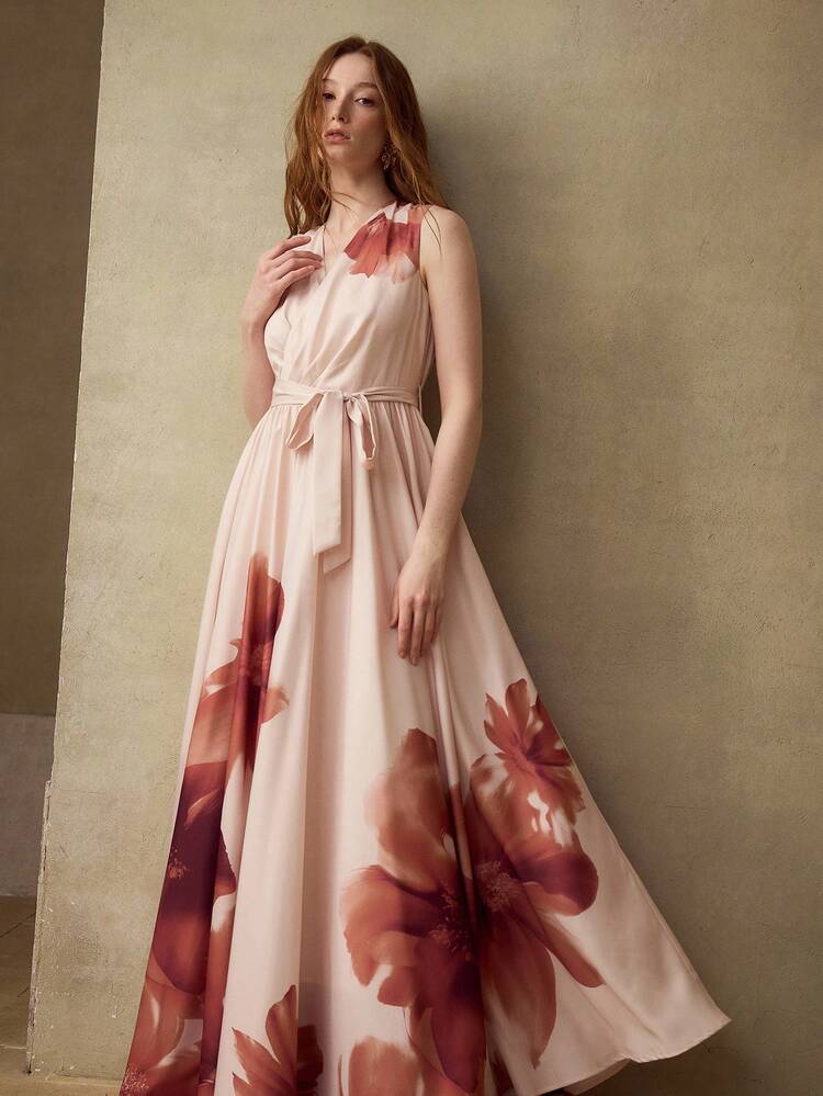 FLORAL PRINT BELTED MAXI DRESS