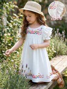 SHEIN Genkimix Kids 女童春夏休闲时尚新款连衣裙，正面彩色数码印花图案，白色镂空蕾丝饰边，白色蕾丝无袖荷叶袖，白色梭织面料拼接下摆，圆领连衣裙，适合夏季女童穿着，可爱韩版简约风格，适合日常上学、外出游玩等场合。春夏白色碎花连衣裙，女童白色童装，小女孩墨西哥风连衣裙，女童连衣裙，夏季服装。优雅派对礼服。柔软连衣裙。 - 白色 - 查看 8