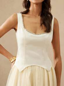 BELROSIE Vestido elegante y grácil de estilo retro francés para mujer, con parches de satén lujoso y malla, cuello alto, diseño con abertura en la cintura, sin mangas, adecuado para citas, fiestas y bodas - Albaricoque - Ver 7