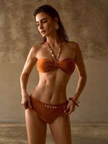 MOTF PREMIUM Conjunto de bikini con cuello de halter y detalles de cuentas - Caqui - Ver 4
