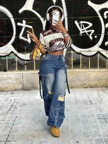 Slaydiva 女士高腰宽松工装口袋破洞阔腿牛仔裤 - 藍色 - 查看 6