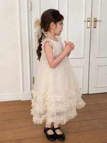 DAZY 女童圆领网纱连衣裙，秋季穿搭 - 杏色 - 查看 4