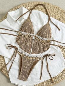 Swim Mod 两件式泳衣，春夏度假款，特殊纹理面料，饰以海洋贝壳和海星图案，细肩带三角上衣和侧系带泳裤，性感女士比基尼套装 - 彩色 - 查看 4