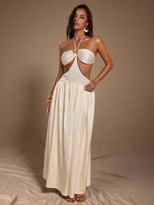 SHEIN BAE Women's Solid Color Halter Tie Backless Metallic Decor Ruched Dress, Fashionable For Party And Events Cream Dress Goddess Dress - Apricot - View 3