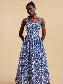 Travachic Women's Vacation Plant Pattern Casual Sleeveless Dress - Blue and White - View 6