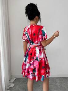 Elenzga White Floral Summer Boho Holiday Vacation Holiday V-Neck Ruffle Flare Sleeve Criss-Cross Bow Tie Multi-Layer Cake Skirt A-Line Puff Mini Dress - Multicolor - View 2
