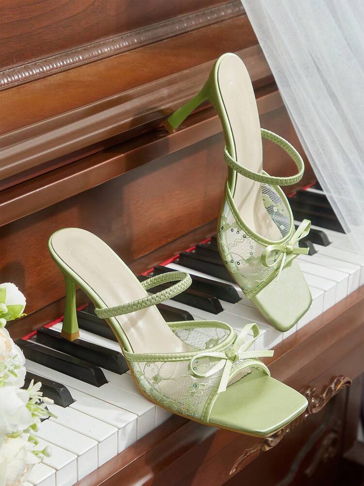 CUCCOO HITCHD Spring And Summer New Product Bow Mesh Lace Square Toe Stiletto Elegant Romantic Sexy Green Lace Women's High Heel Sandals