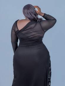 CurvyTilda Plus Size Women's Elegant Minimalist Chic Fashion Basic Everyday Wear Ins Style Office Commute Influencer Music Festival Embroidered Stretch Mesh Asymmetrical Neck Ruched Bodycon Slim Fit Long Sleeve Maxi Dress/New Year, For Hourglass Body Shape - Black - View 5