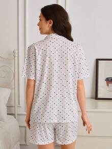 SHEIN Cotton Comfy Pajama Set With Button Detailed Sleep Shirt And A Short With Cute Heart Pattern - White - View 2