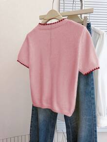 Franclia Top tricoté à manches courtes, col rond, style rétro français, coupe ample, blocs de couleurs, pour femmes, printemps/automne - Rose bonbon - Voir 2