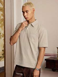 SWAVVY Camisa polo de hombre con ajuste holgado, gráfico de letras y pespunte de contraste - Albaricoque - Ver 4