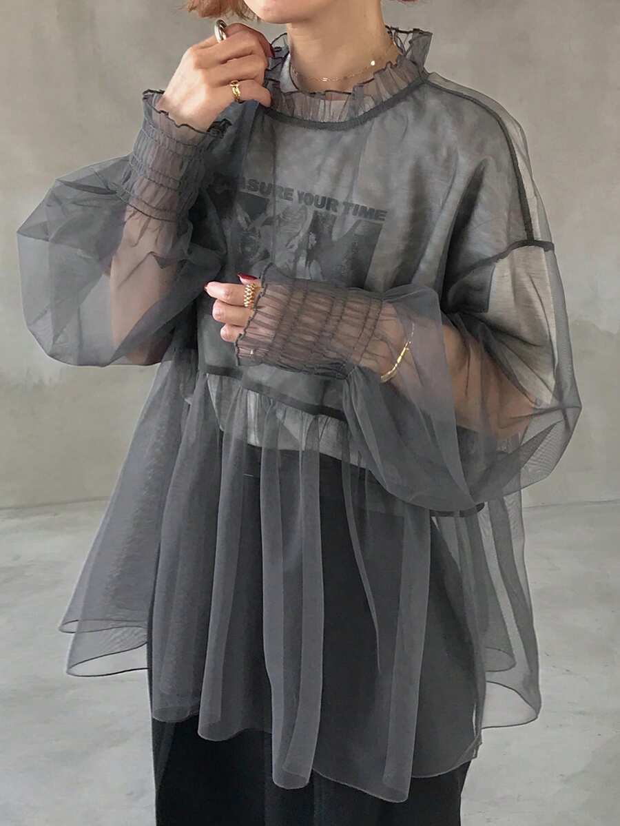 FRIFUL Women's Solid Gray Sheer Mesh Fabric Layered Loose Casual Versatile Blouse - Grey - View 1