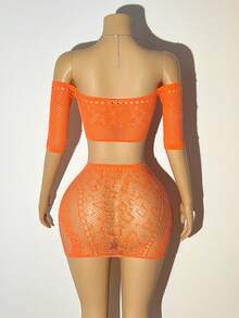 Bare Feeling Fully Loaded! Bright Orange Off-Shoulder Hollow-Out Lingerie Set 2pcs: Sheer Knit + Cropped Off-Shoulder Top + Mini Skirt Design, Adding Sweet And Spicy Charm To The Mature Look - Orange - View 2
