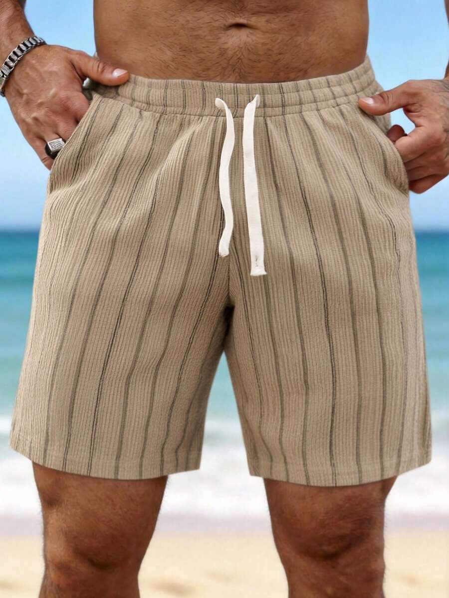 VIVINTIMO 男士条纹抽绳腰口袋宽松休闲短裤 - 卡其色 - 查看 1