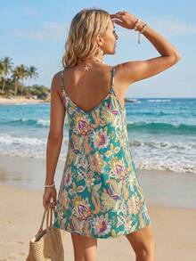 Sylviya 女士波西米亚风印花V领露背度假连衣裙 - 藍色 - 查看 2